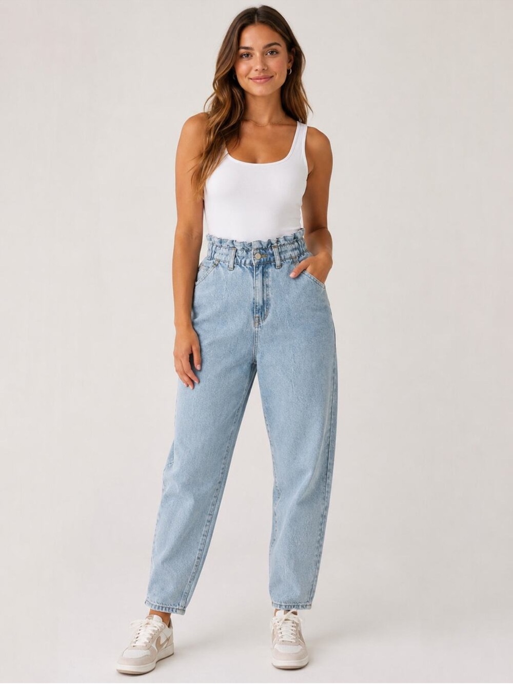 Zara Paperbag/Elastic-Waist Barrel Jeans
